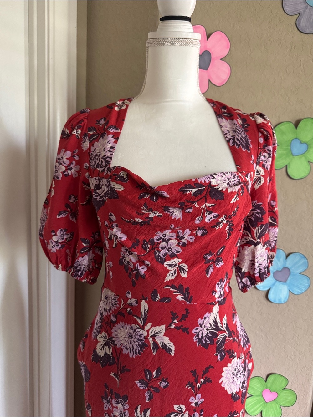 NWT Anthropologie Red Floral Puff-Sleeve Dress SZ SM pit2pit17”waist 16” L 56” - Picture 9 of 15